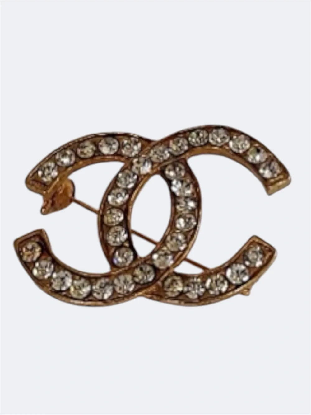 Chanel Double CC Gold Tone Clear Rhinestone Brooch pin Pendant Jewelry